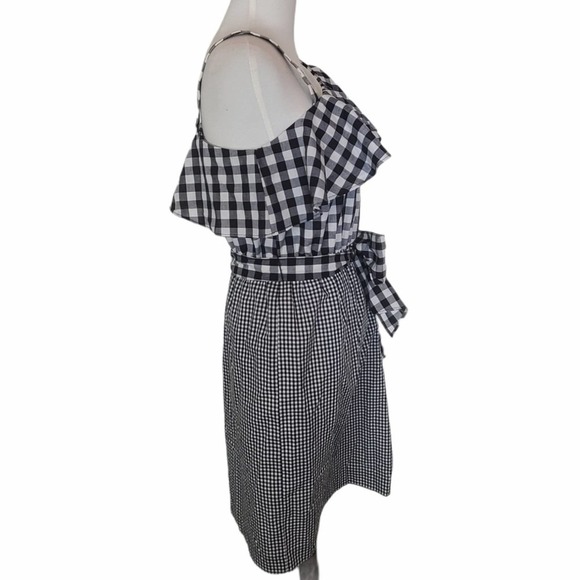 Calvin Klein Black White Gingham One Shoulder Ruffle Tie Waist Midi Dress 4 NWT - Picture 5 of 9